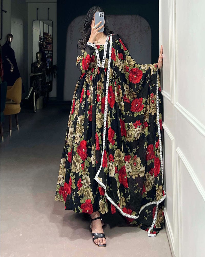 Black And Red Color Floral printed Georgette Gown