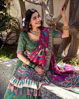 Mehndi Color Tussar Silk Kalamkari Printed Lehenga Choli