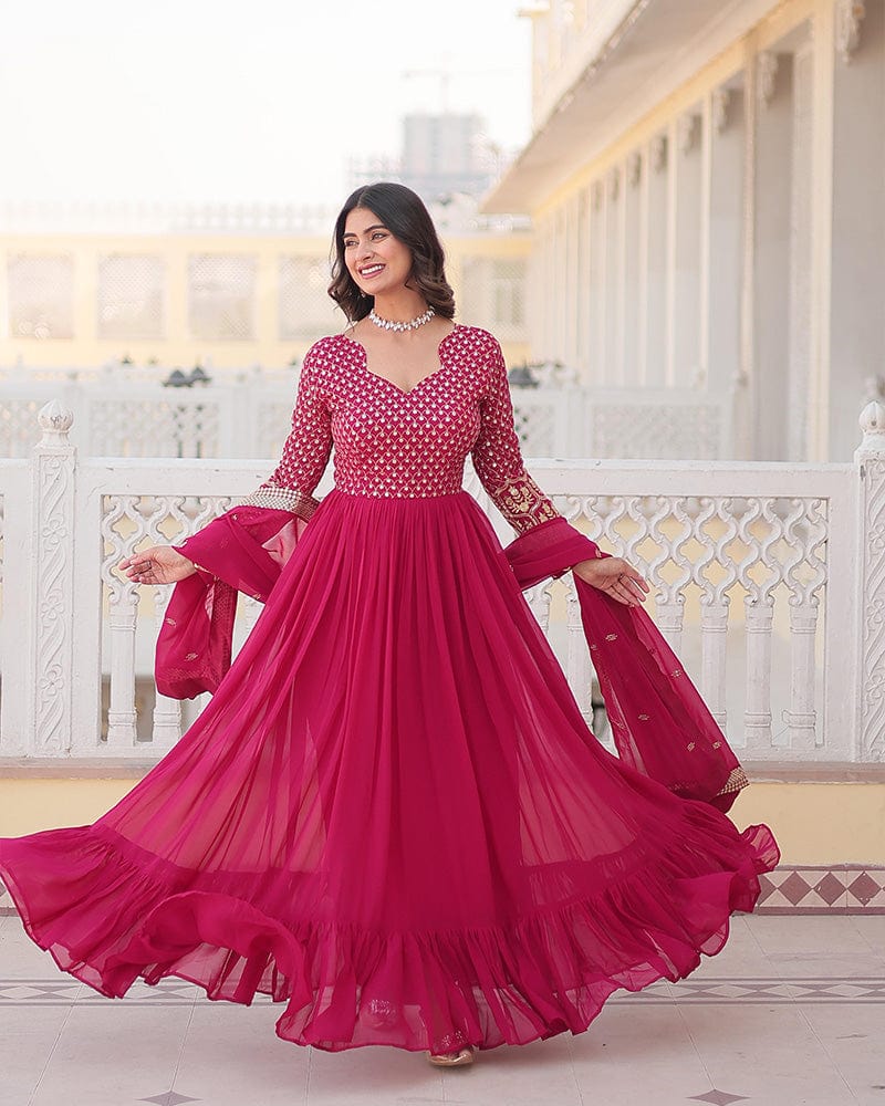 Rani Pink Color Faux Blooming Gown With Sequins Embroidered Dupatta