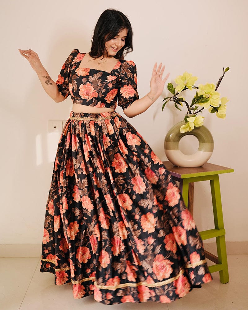 Orange And Black Color American Silk Lehenga Choli