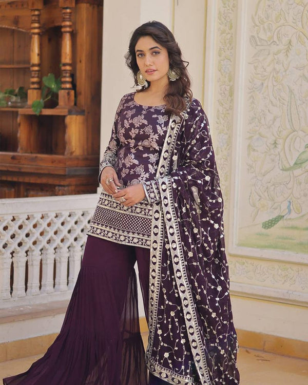 Wine Color Three Piece Gharara Suit