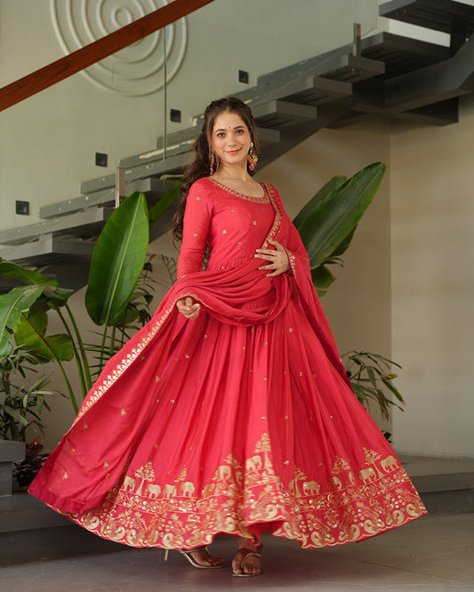 Peach Color Chinon Silk  Sequins Embroidered Gown