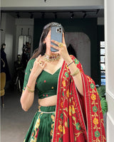 Green Color Tussar Silk Printed With Foil Work Lehenga Choli