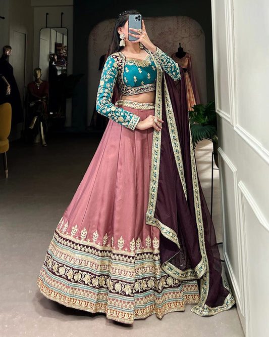 Peach Color Moonga Silk Embroidered Lehenga Choli