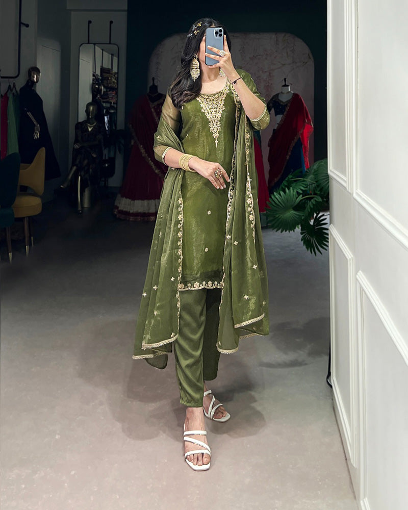 Olive Green Color Gold Coin Three Piece Kurti Suit