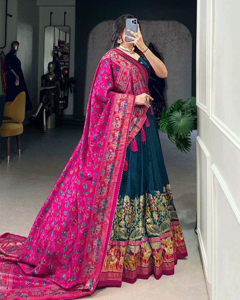 Royal Blue Color Tussar Silk Printed With Foil Work Lehenga Choli