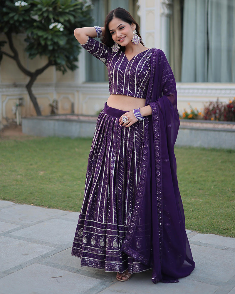 Designer Wine Color Faux Blooming Semi stitched Lehenga Choli