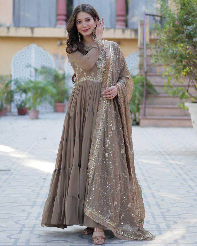 Brown Color Star Georgette Gown With Embroidered Dupatta