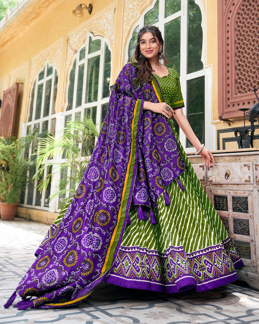 Green Color Tussar Silk laheriya Printed Navratri Lehenga Choli