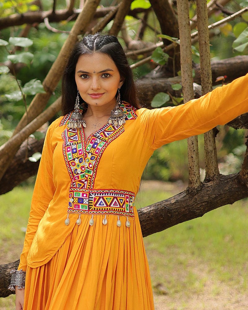 Mustard Color Reyon Designer Koti Style Navratri Gown