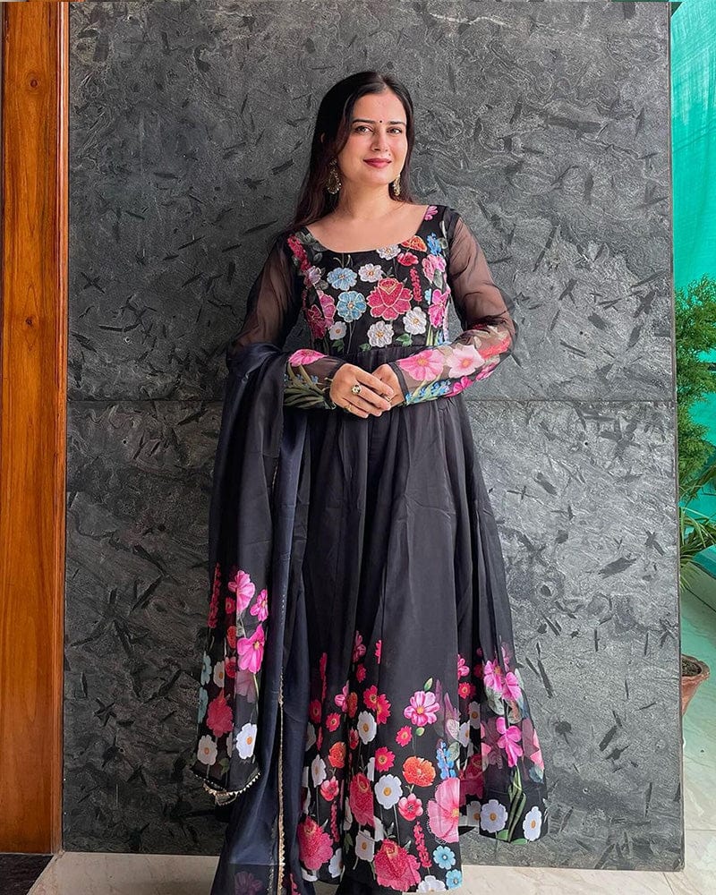 Mehak Qudora Black Floral Print Organza Three Piece Anarkali Suit