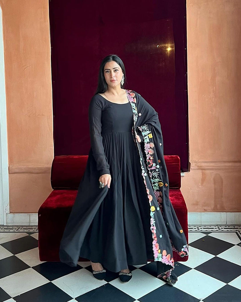 Isha Sharma in Georgette Black Colour Backless Anarkali Three Piece Suit