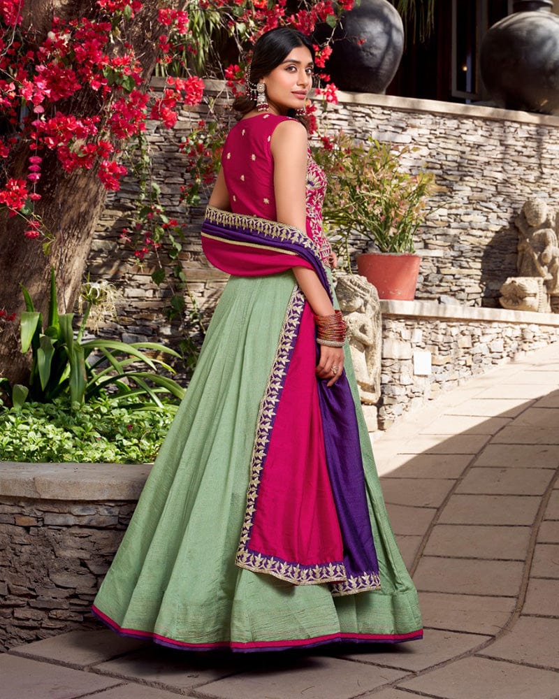 Sea Green Color Vichitra Silk Thread Embroidered Lehenga Choli