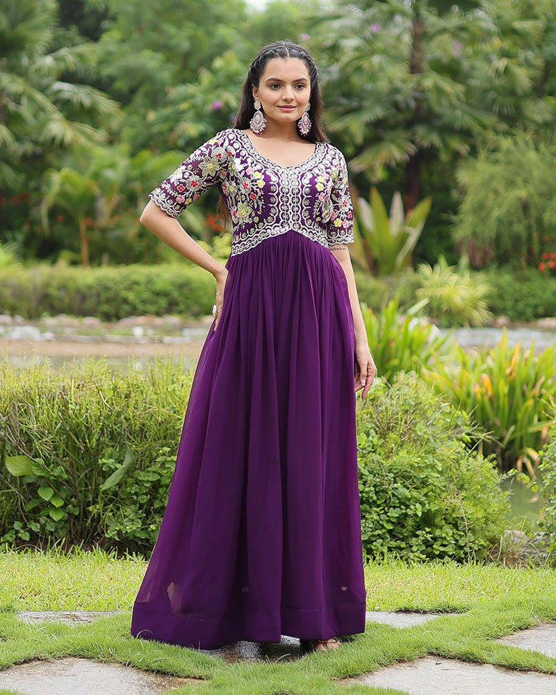 Purple Color Faux Blooming Embroidered Gown