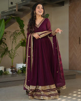 Wine Color Faux Blooming Embroidered Gown With Dupatta