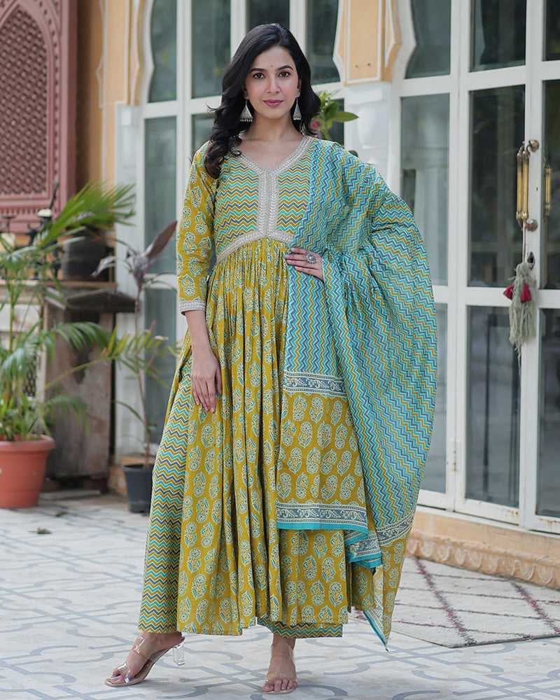 Lime Green Color Printed Pure Cotton Three Piece Kurti Suit
