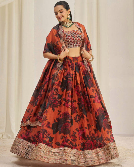 Orange And Black Color Floral Printed Organza Lehenga Choli