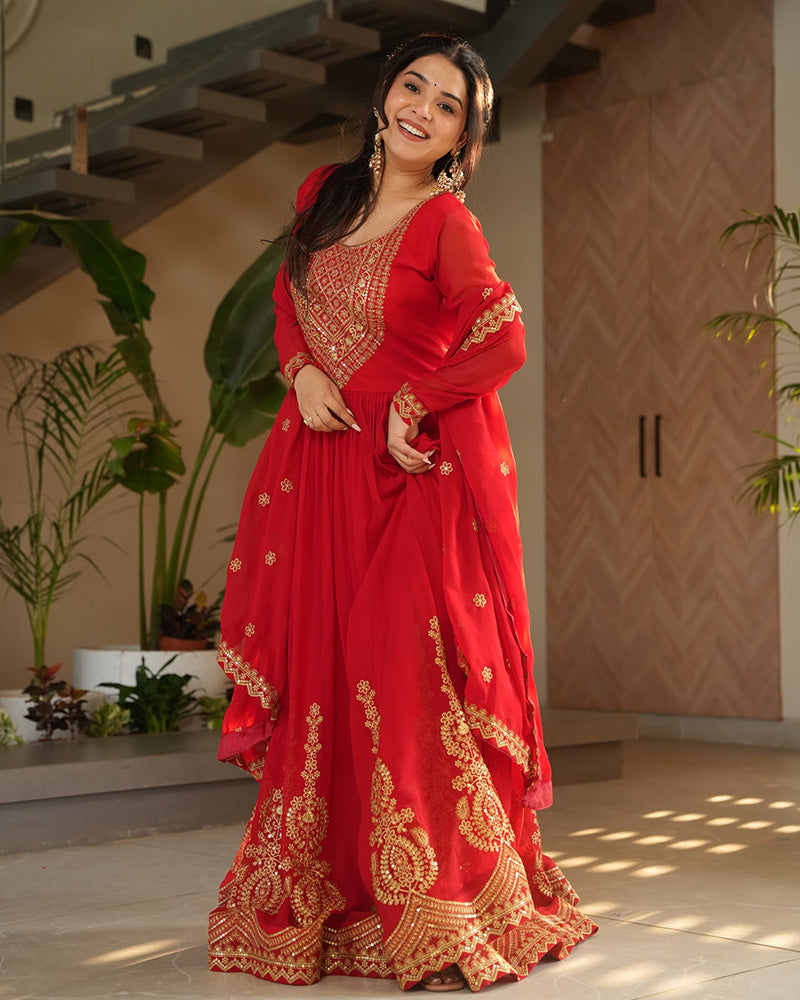 Red Color Faux Blooming Embroidered Gown