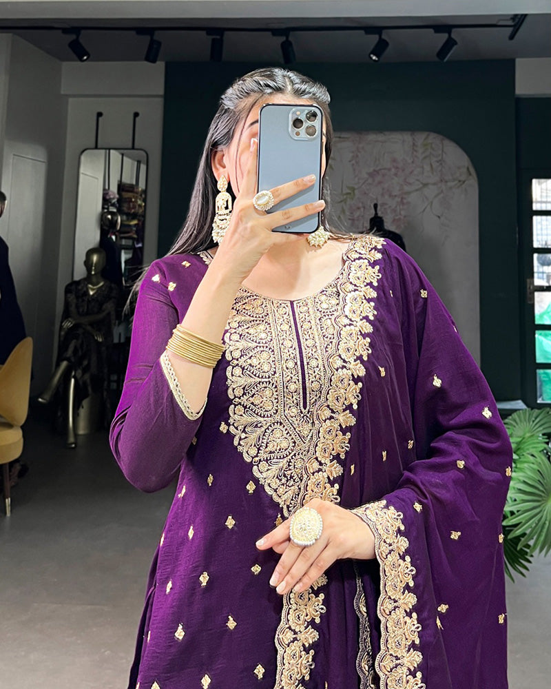 Purple Color Vichitra Silk Embroidered Three Piece Kurti Suit