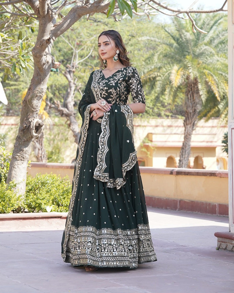 Wedding Wear Dark Green Color Designer Blooming Semi stitched Lehenga Choli
