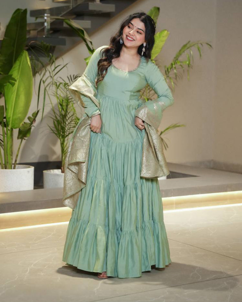 Pista Color Pure Chanderi Silk Frill Style Anarkali Suit