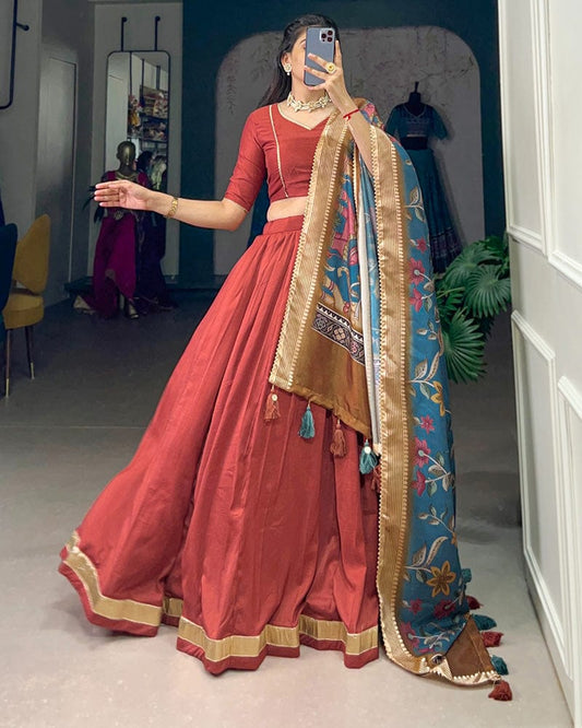 Orange Color Pure Chinon Silk Plain Lehenga Choli