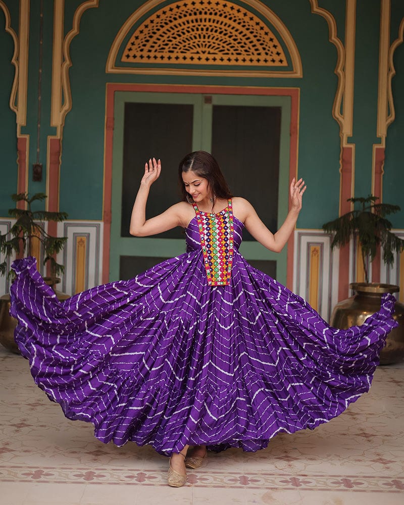 Purple Color Chinon Laheriya Print Navratri Gown