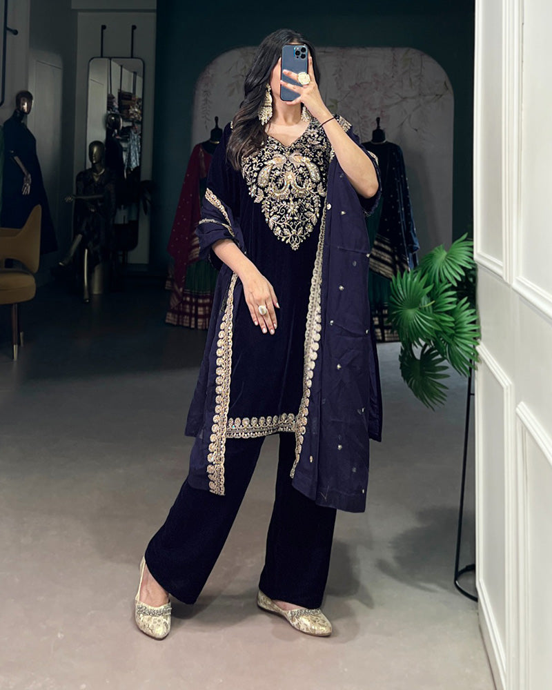 Navy Blue Color Velvet Three Piece Kurti Suit