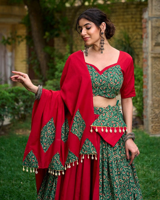 Red And Green Color Cotton Printed Navratri Lehenga Choli