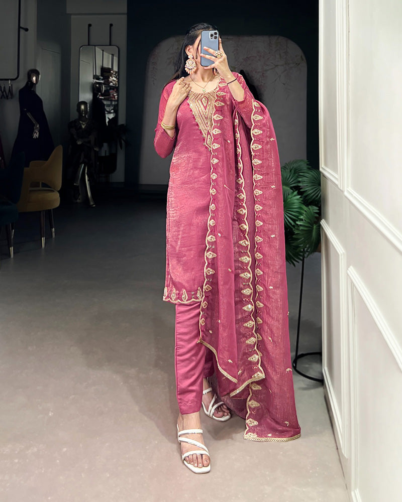 Pink Color Silver Glory Three Piece Kurti Suit
