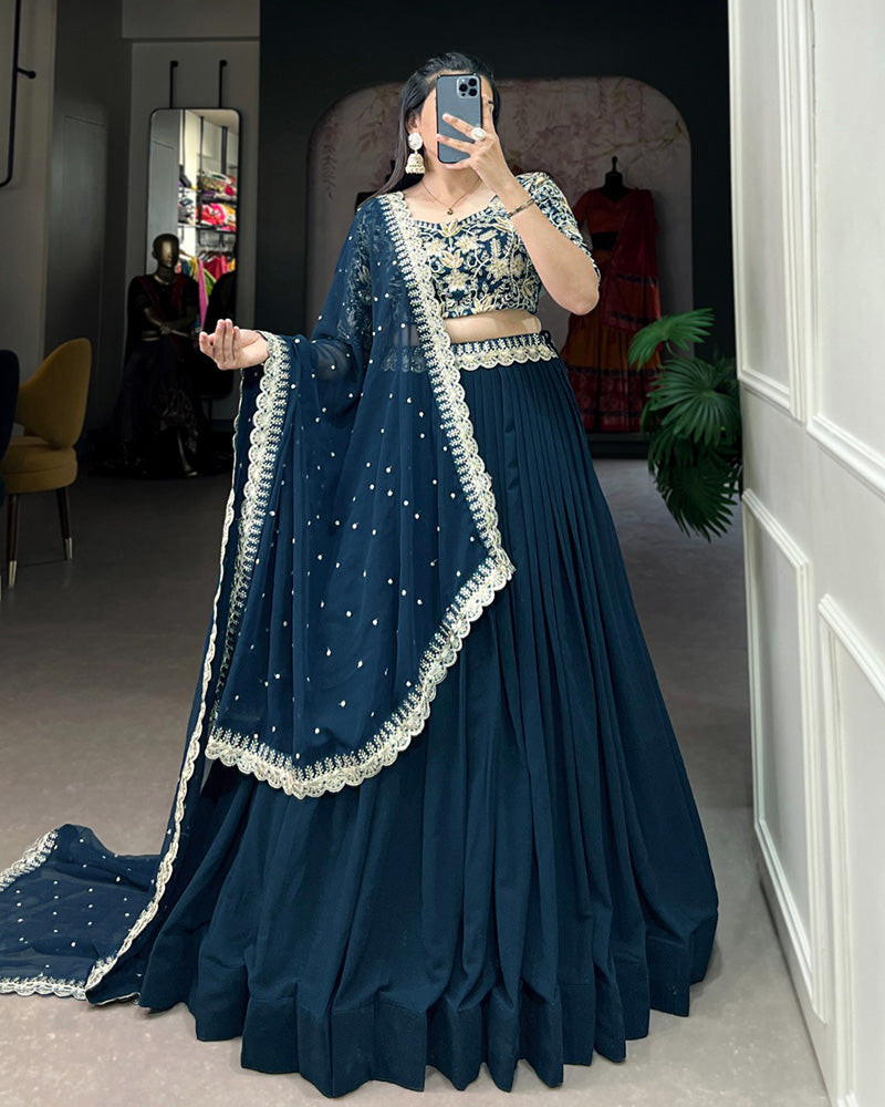 Teal Green Color Georgette Embroidered Lehenga Choli