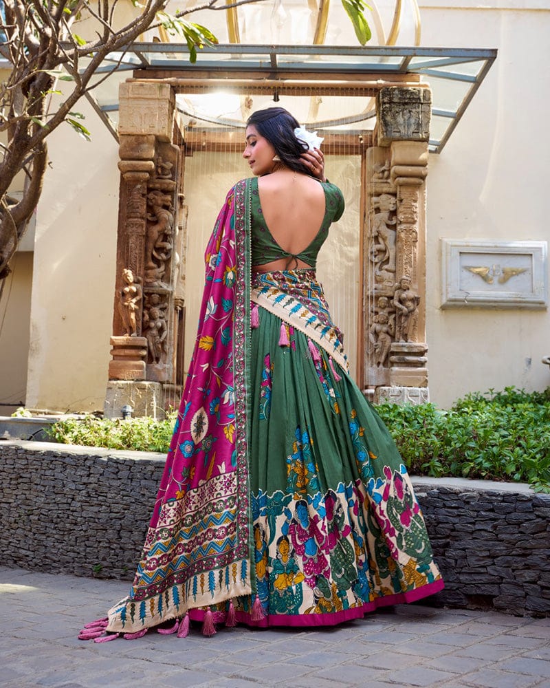 Mehndi Color Tussar Silk Kalamkari Printed Lehenga Choli
