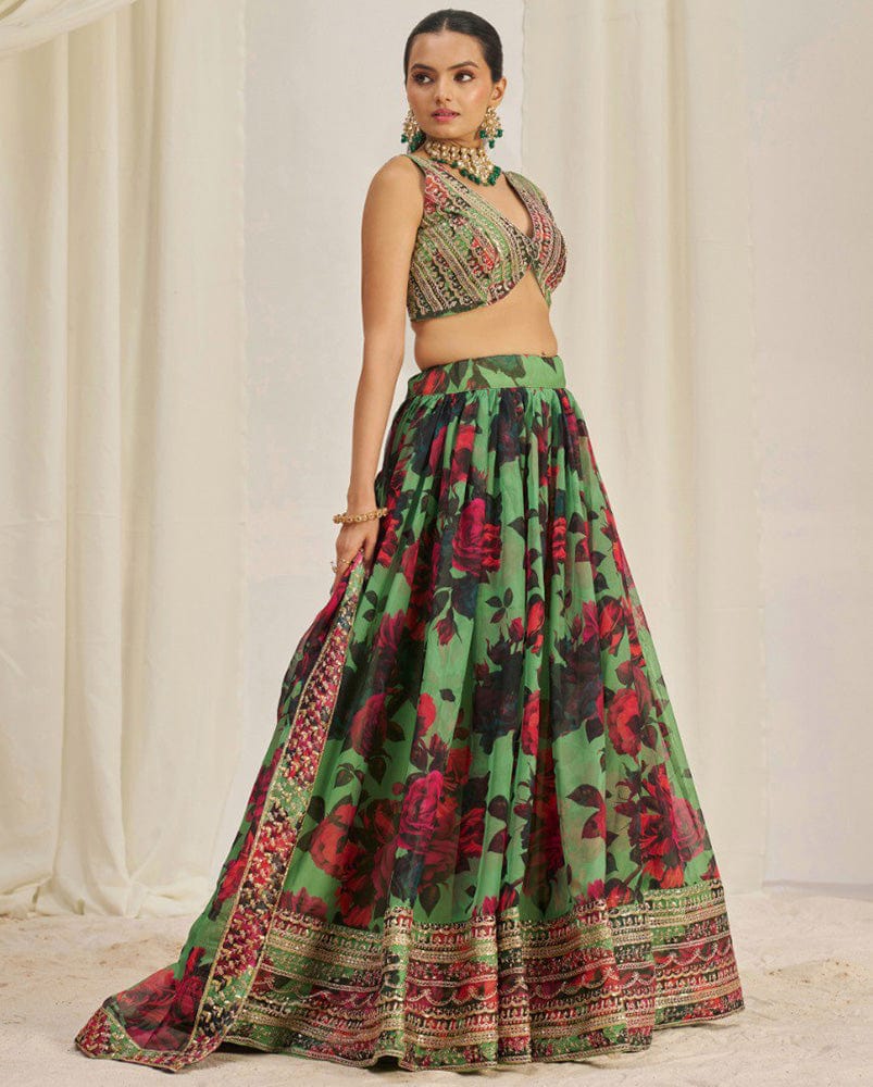 Red And Green Color Floral Printed Organza Lehenga Choli