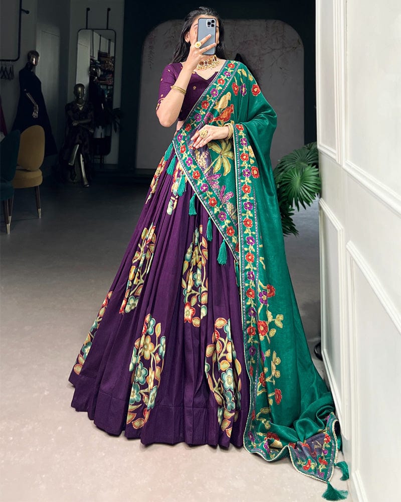 Purple Color Tussar Silk Printed With Foil Work Lehenga Choli