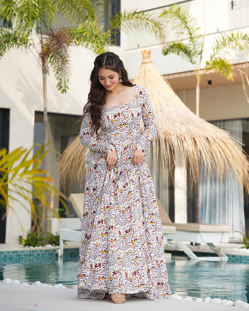 Off-White Color Cotton Printed Ruffle Style Gown