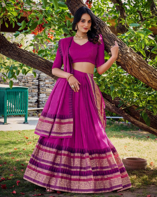 Pink Color Pure Chanderi Plain Lehenga Choli