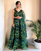 Yellow And Green Color Pure Organza Full Stitched Lehenga Choli