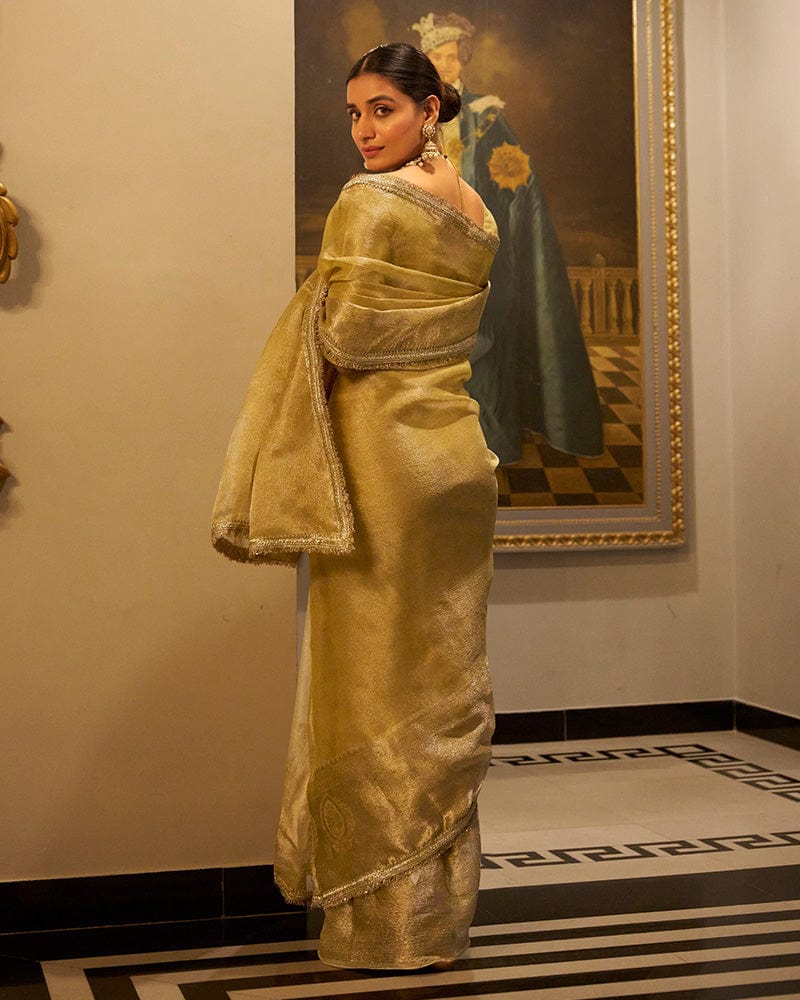Golden Color Weightless Tissue Shimmer Saree