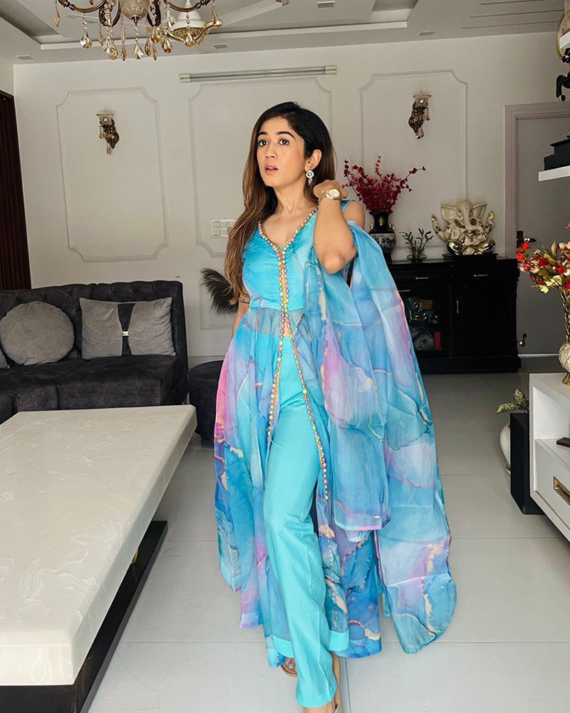 Western Sky Blue Color Printed Soft Organza Anarkali Three Piece Suit