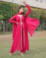 Western Designer Rani Pink Color Georgette Three Piece Kurti Suit