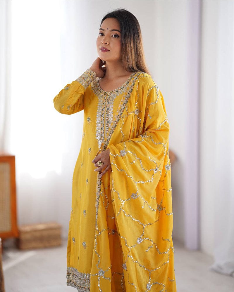 Yellow Color Chinon Silk Embroidered Three Piece Kurti Suit