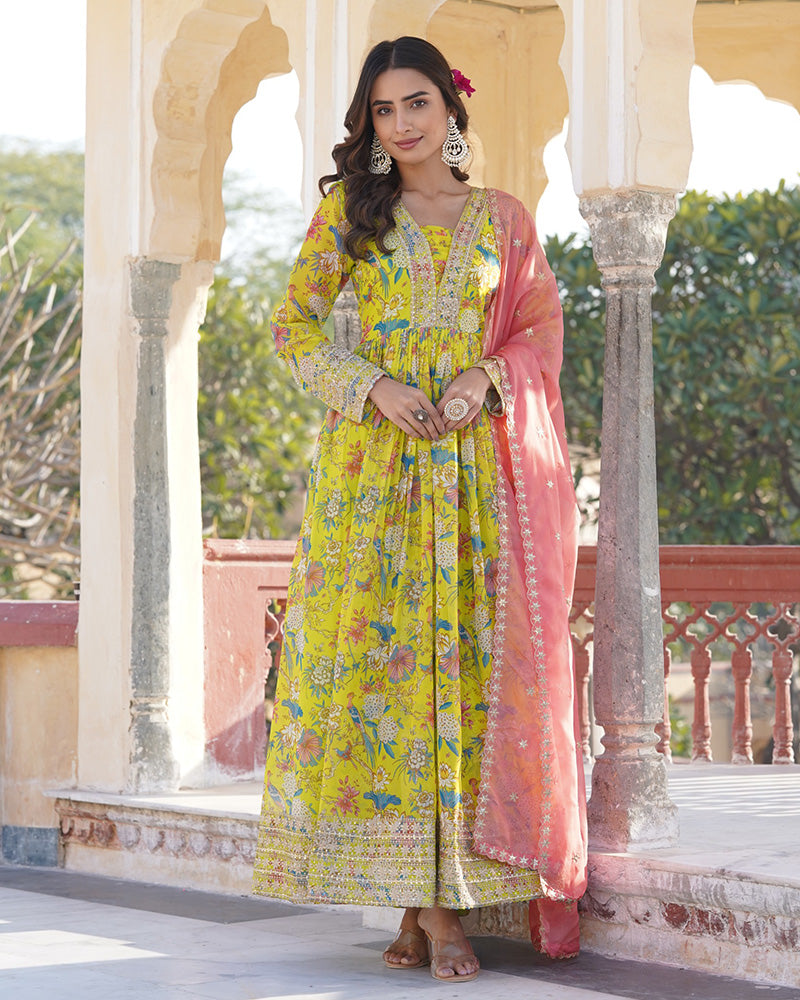 Wedding Wear Zari Embroidered Yellow Color Gown With Dupatta
