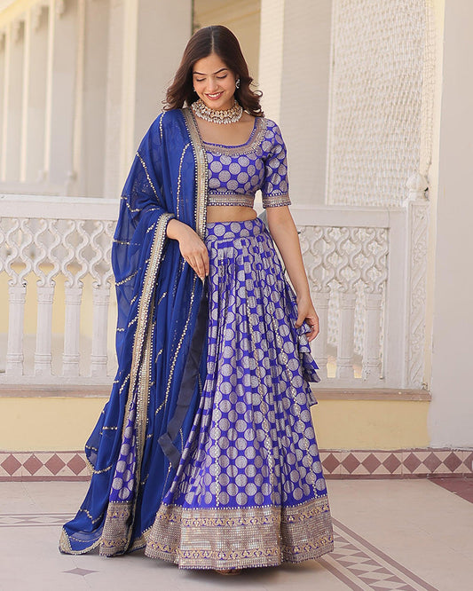 Blue Color Pure Viscose Jacquard Lehenga Choli