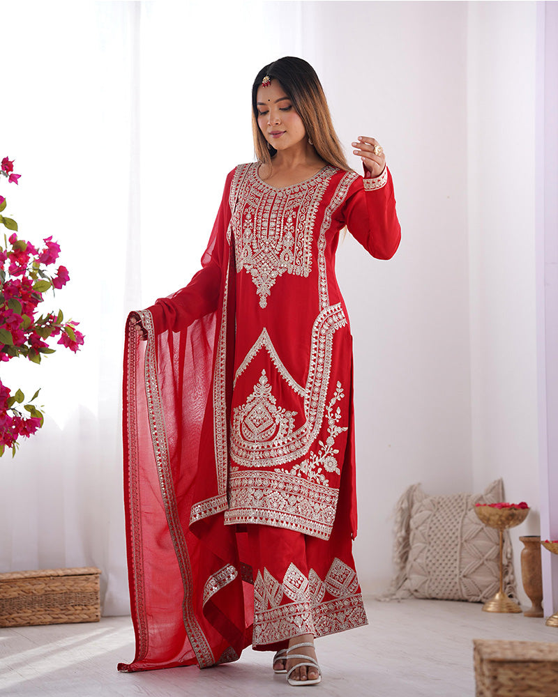 Red Color Vichitra Silk Three Piece Kurti Suit