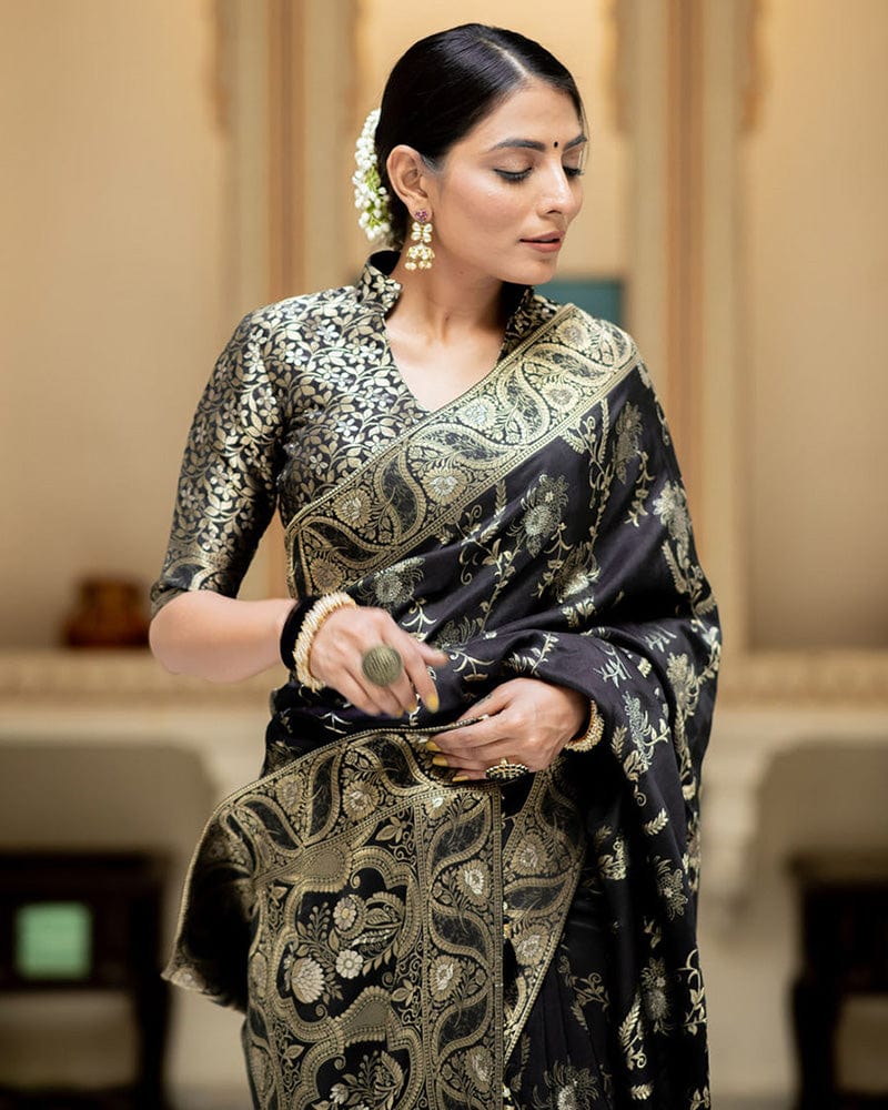 Black Color Banarasi Jacquard Zari Weaving Saree