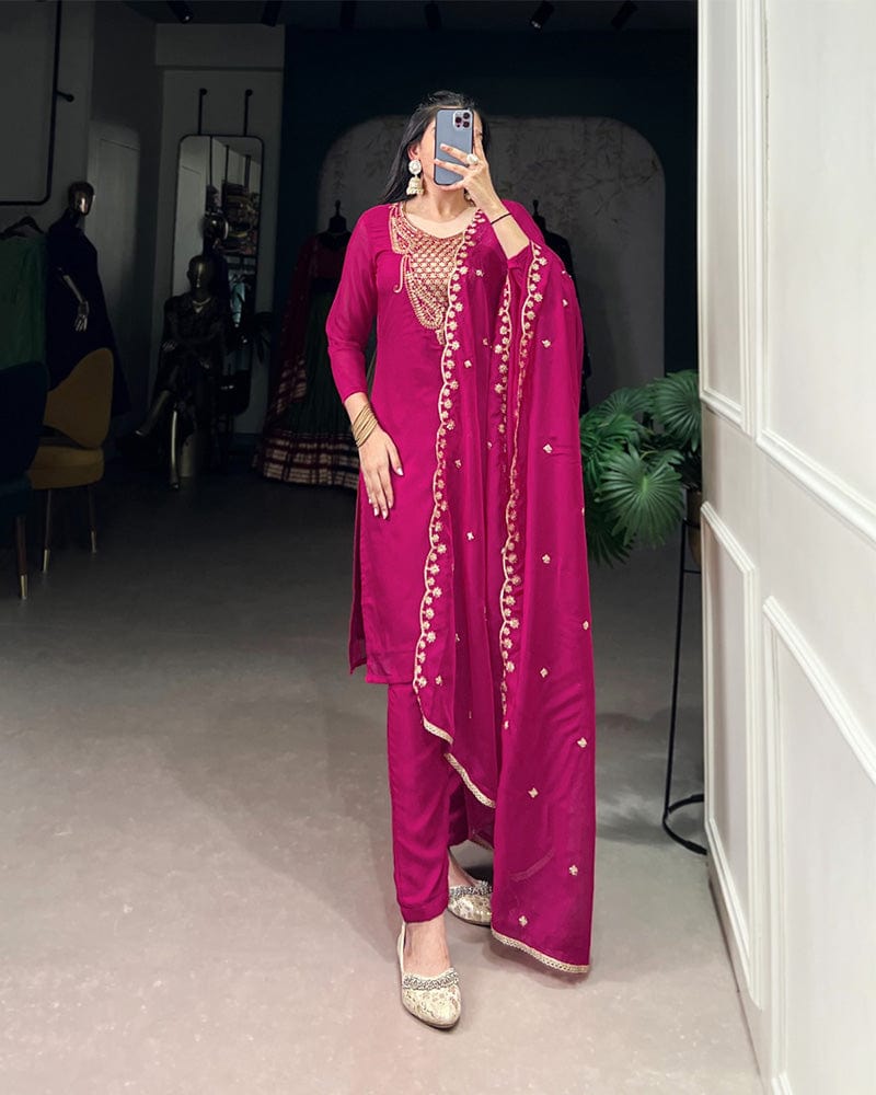 Pink Color Organza Three Piece Kurti Suit