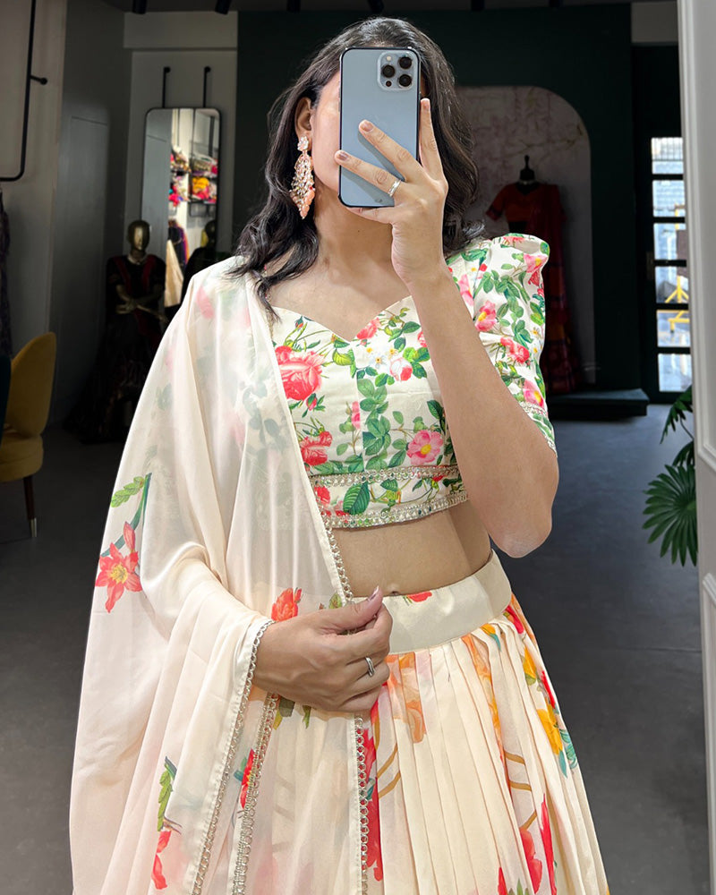 Cream Color Georgette Floral Printed Lehenga Choli