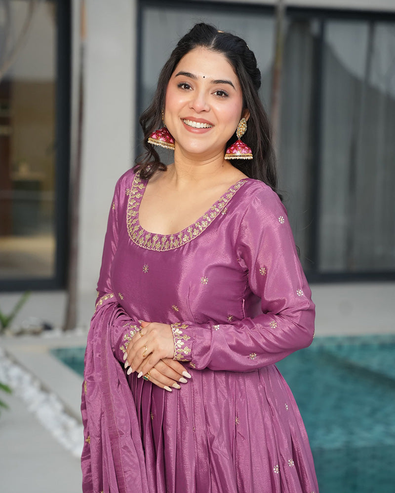 Onion Color Chinon Silk  Sequins Embroidered Gown