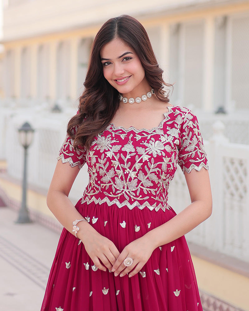 Rani Pink Color Faux Blooming Sequins Embroidered Anarkali Gown