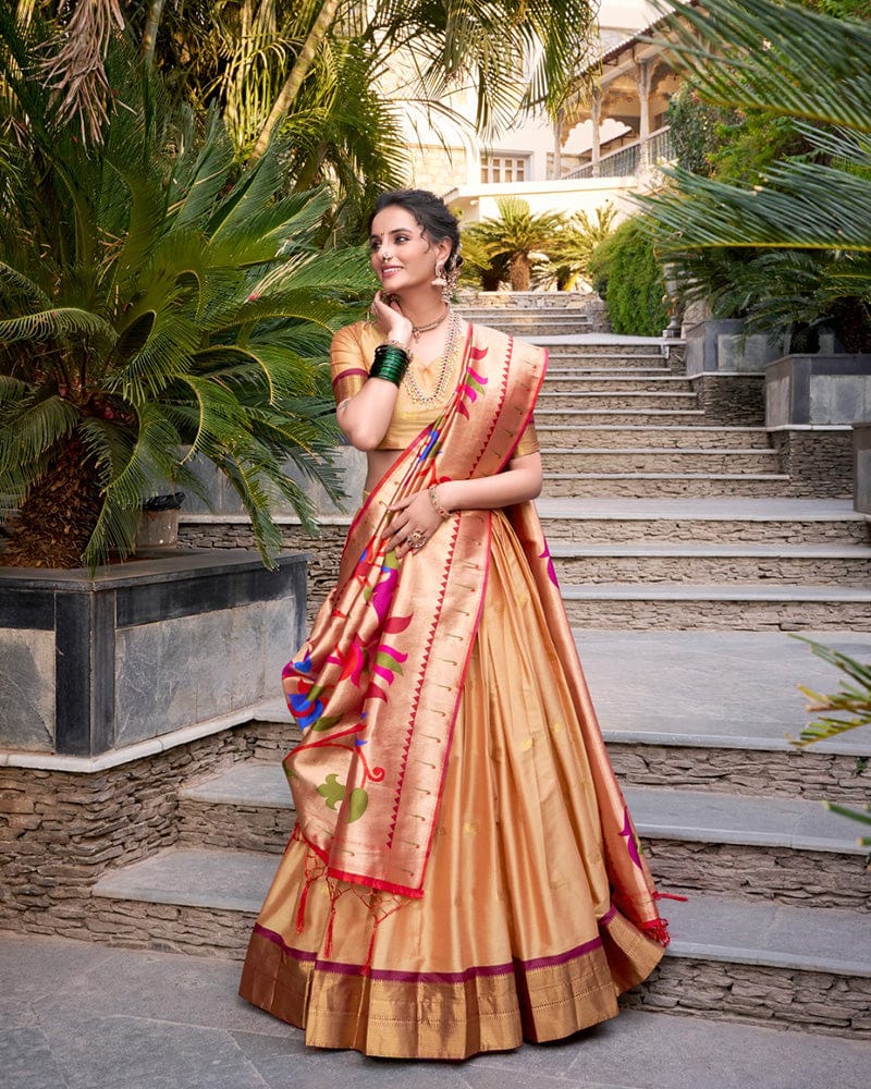 Chikoo Color Jacquard Silk Zari Weaving Work Lehenga Choli